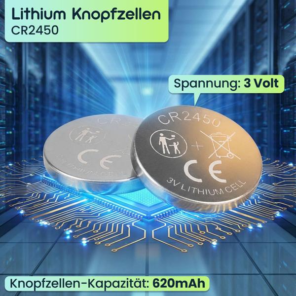20er Set CR2450 Lithium Knopfzellen 3V Batterien, 620 mAh hohe Kapazität, langlebige 3 Volt Batterie für Autoschlüssel und Smart Home Geräte