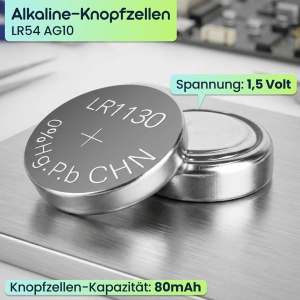 20er-Set Alkaline-Knopfzellen LR54 AG10, 1,5V 80 mAh, Quecksilber- und Cadmiumfrei – Zuverlässige Batterien für Uhren, Taschenrechner & Kleingeräte