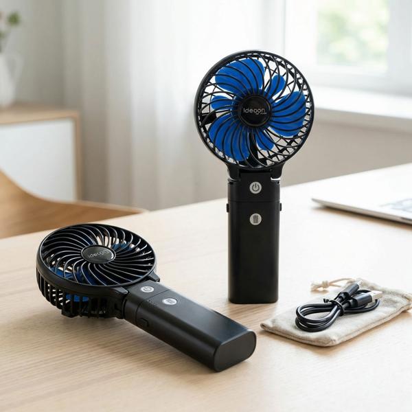 Set of 2 powerful rechargeable handheld fans 5200 mAh power bank table fan: USB travel fan, 3 speeds, portable mini fan