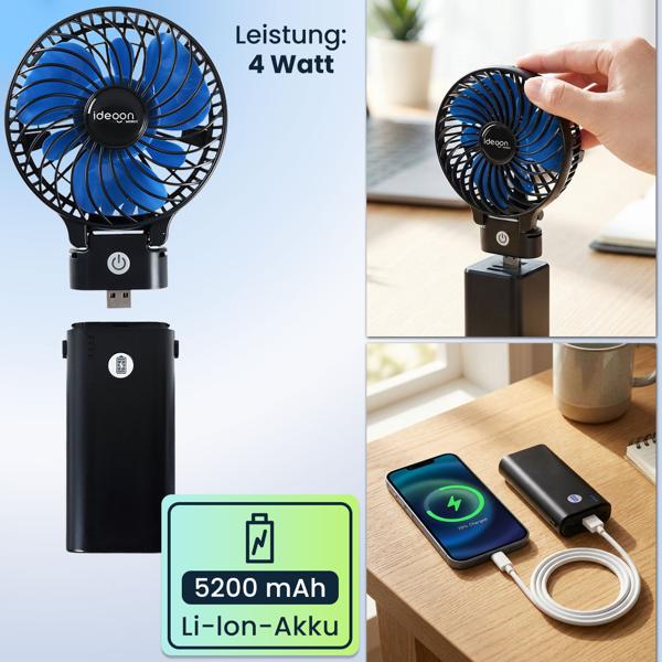 2er-Set Leistungsstarker Akku Handventilator 5200mAh Powerbank Tischventilator: USB Reiseventilator, 3 Stufen, Tragbarer Mini Ventilator