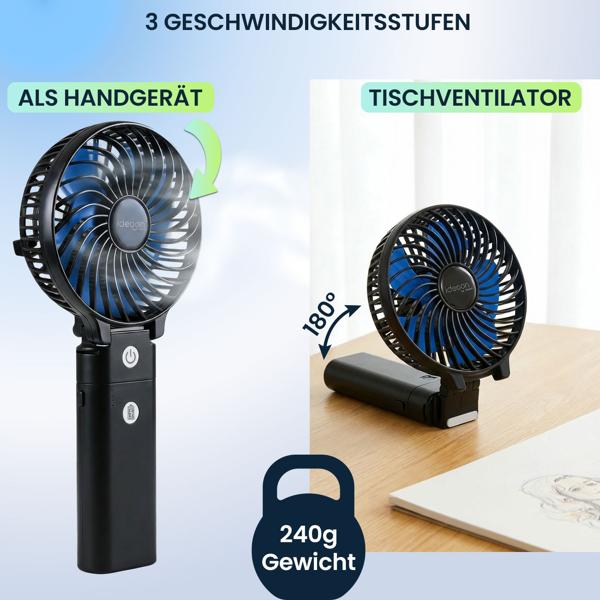 2er-Set Leistungsstarker Akku Handventilator 5200mAh Powerbank Tischventilator: USB Reiseventilator, 3 Stufen, Tragbarer Mini Ventilator