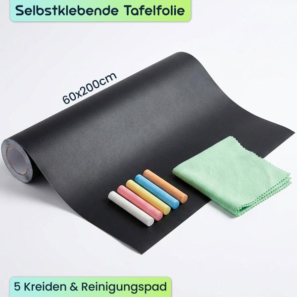 Selbstklebende Tafelfolie 60x200cm inkl. 5 Kreiden & Reinigungspad – Wandfolie als Kreidetafel & Memoboard für Küche, Kinderzimmer & Büro