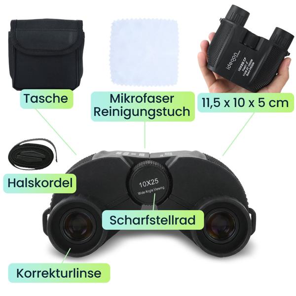 Kompaktes Mini Fernglas 10x25: Kompakt-Feldstecher für Jagd, Wandern & Outdoor. Mit Nachtsicht, BAK4 Prisma & Tasche - Ideal für Erwachsene & Kinder