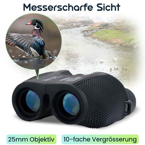 Kompaktes Mini Fernglas 10x25: Kompakt-Feldstecher für Jagd, Wandern & Outdoor. Mit Nachtsicht, BAK4 Prisma & Tasche - Ideal für Erwachsene & Kinder