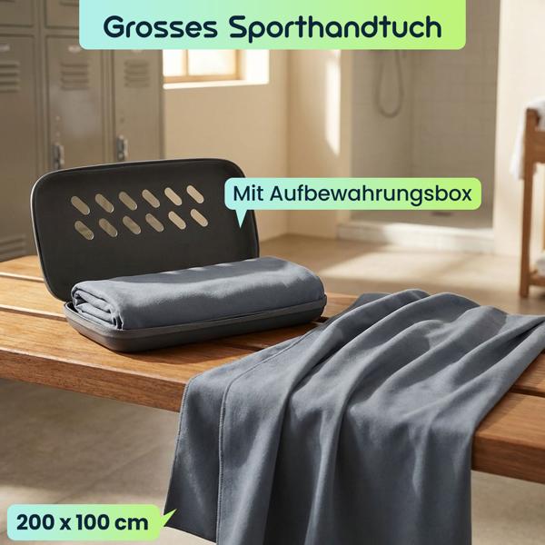 2er-Set Microfaser Handtuch 200x100 cm in Anthrazit, grosses Sporthandtuch schnelltrocknend & ultraleicht, Reisehandtuch inklusive Aufbewahrungsbox