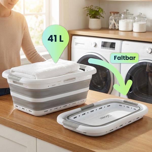 2er-Set Faltbarer Wäschekorb 41L - Platzsparender Wäschesammler aus Kunststoff mit Belüftung - Ultraflach 8,5 cm für Waschküche & Camping