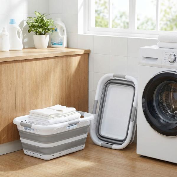 Set of 2 foldable laundry baskets 41 L – space-saving plastic laundry sorter with ventilation – ultra-flat 8.5 cm for laundry room & camping