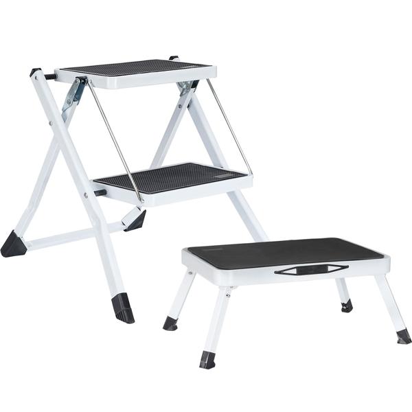 Scala da cucina 2 gradini & Sgabello gradino Set – Pieghevole, portata 150 kg, superfici di calpestio antiscivolo, duo salvaspazio in acciaio robusto