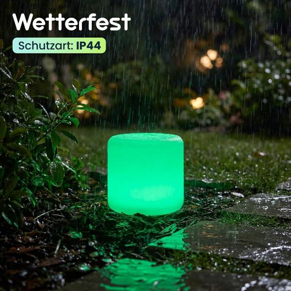 Moderne LED Solar Zylindrische Tischlampe & Gartenleuchte mit Erdspiess, RGBW Farbwechsel, USB aufladbar, IP44 wetterfest - ideal für Ihren Garten