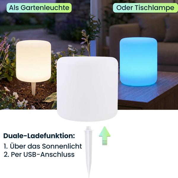 Moderne LED Solar Zylindrische Tischlampe & Gartenleuchte mit Erdspiess, RGBW Farbwechsel, USB aufladbar, IP44 wetterfest - ideal für Ihren Garten
