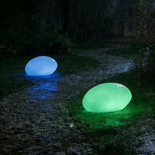 Lot de 2 élégantes pierres solaires LED pour jardin IP44 : pierre décorative avec changement de couleur et piquet de terre, blanc chaud et couleurs, projecteur solaire résistant aux intempéries, 22,4 cm