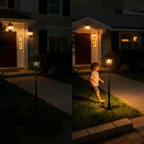 Solar LED garden lantern with PIR motion sensor 90° & 6 m range, IP44 waterproof, E27 filament lamp, 3 modes, 111.5 cm, outdoor light