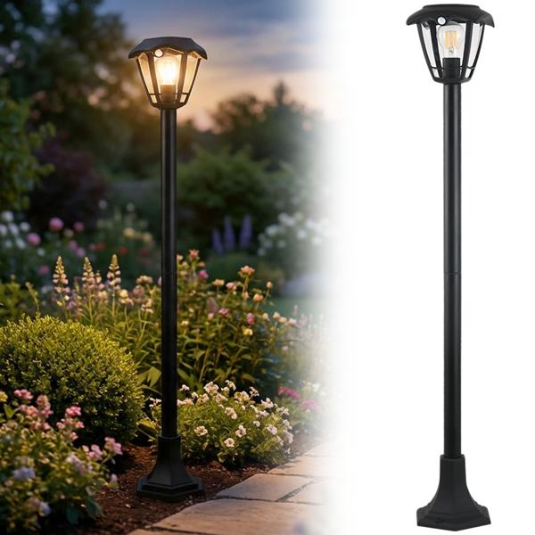 Solar LED garden lantern with PIR motion sensor 90° & 6 m range, IP44 waterproof, E27 filament lamp, 3 modes, 111.5 cm, outdoor light
