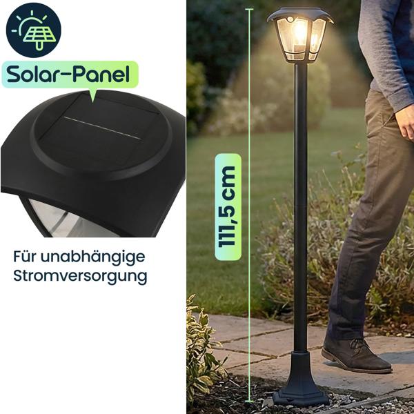 Solar-LED-Gartenlaterne mit PIR Bewegungssensor 90° & 6m Reichweite, IP44 Wasserfest, E27 Filament Lampe, 3 Modi, 111,5 cm, Aussenleuchte