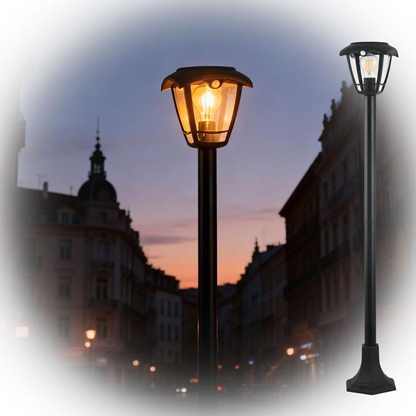 Solar LED garden lantern with PIR motion sensor 90° & 6 m range, IP44 waterproof, E27 filament lamp, 3 modes, 111.5 cm, outdoor light