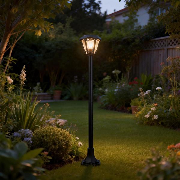 Solar LED garden lantern with PIR motion sensor 90° & 6 m range, IP44 waterproof, E27 filament lamp, 3 modes, 111.5 cm, outdoor light