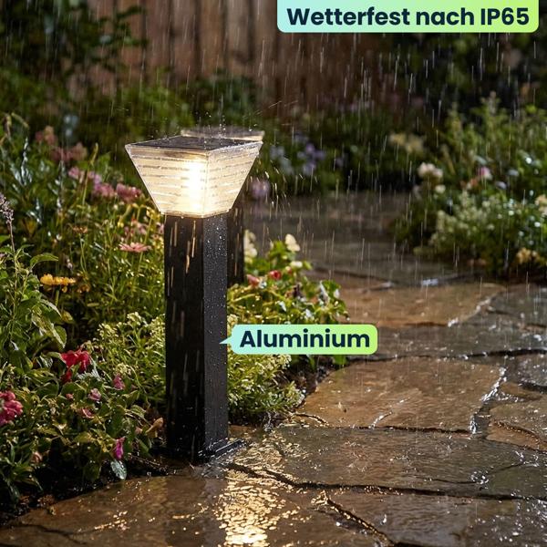 Premium Solar Säulen-Wegeleuchte 60cm aus Aluminium in Schwarz, 300lm, IP65 wasserfest, 360° Abstrahlung, 2 Lichtfarben & Leuchtmodi, Gartenlampe