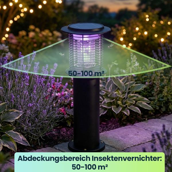 Solar Gartenlampe mit Mückenvernichter aus Edelstahl, 2in1 LED Wegeleuchte Schwarz, Warmweiss 300lm & UV Insektenschutz 15lm, IP44, 25 x 60 cm