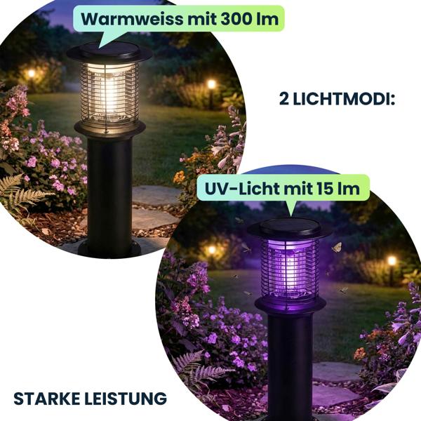 Solar Gartenlampe mit Mückenvernichter aus Edelstahl, 2in1 LED Wegeleuchte Schwarz, Warmweiss 300lm & UV Insektenschutz 15lm, IP44, 25 x 60 cm