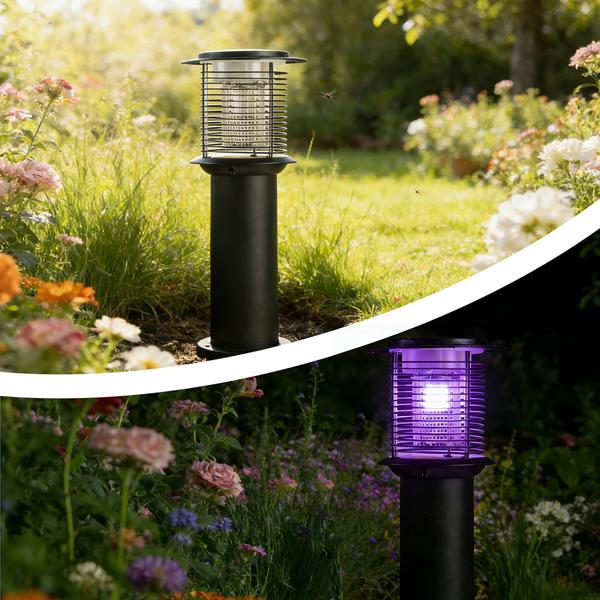 Solar Gartenlampe mit Mückenvernichter aus Edelstahl, 2in1 LED Wegeleuchte Schwarz, Warmweiss 300lm & UV Insektenschutz 15lm, IP44, 25 x 60 cm