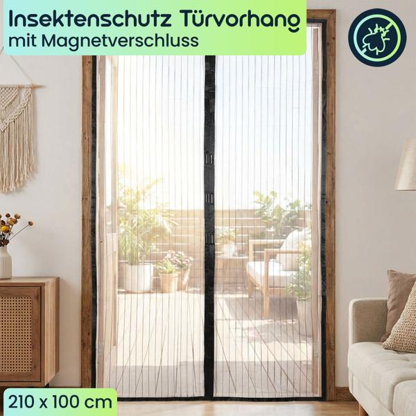 2er-Set Magnet Insektenschutz Türvorhang 100x210 cm für Balkon & Terrasse, Fliegengitter ohne Bohren mit Klettband, Fliegenvorhang Schwarz Mesh