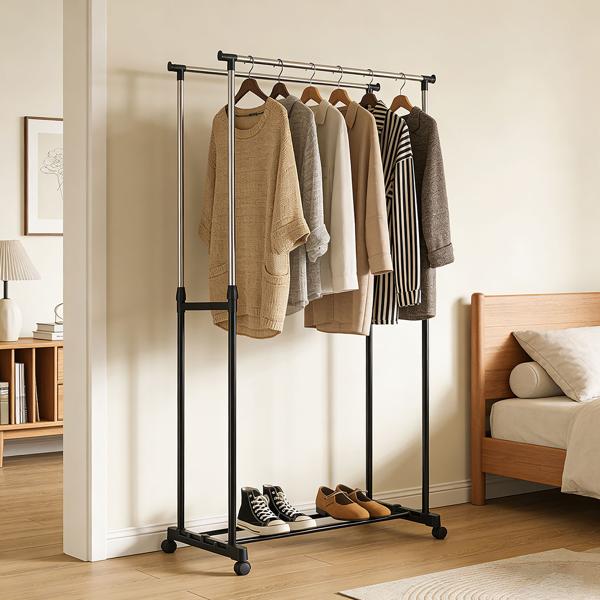 Mobile clothes rack with double clothes rail – 80 cm wide – Height‑adjustable from 90 to 160 cm – Stable wardrobe stand for your clothing