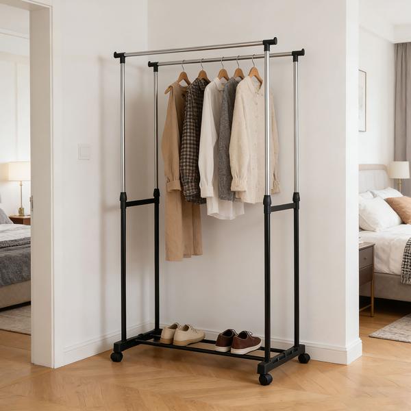 Mobile clothes rack with double clothes rail – 80 cm wide – Height‑adjustable from 90 to 160 cm – Stable wardrobe stand for your clothing