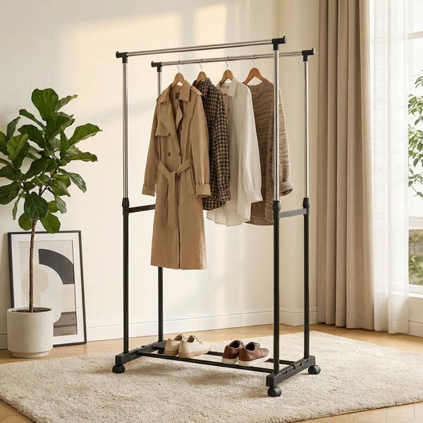 Mobile clothes rack with double clothes rail – 80 cm wide – Height‑adjustable from 90 to 160 cm – Stable wardrobe stand for your clothing