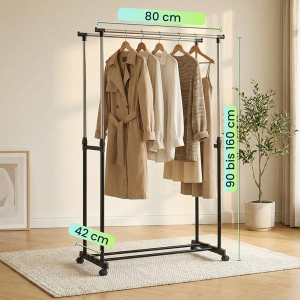 Mobiler Kleiderständer mit Doppel-Kleiderstange - 80 cm Breite - Höhenverstellbar von 90 bis 160 cm - Stabiler Garderobenständer für Ihre Kleidung