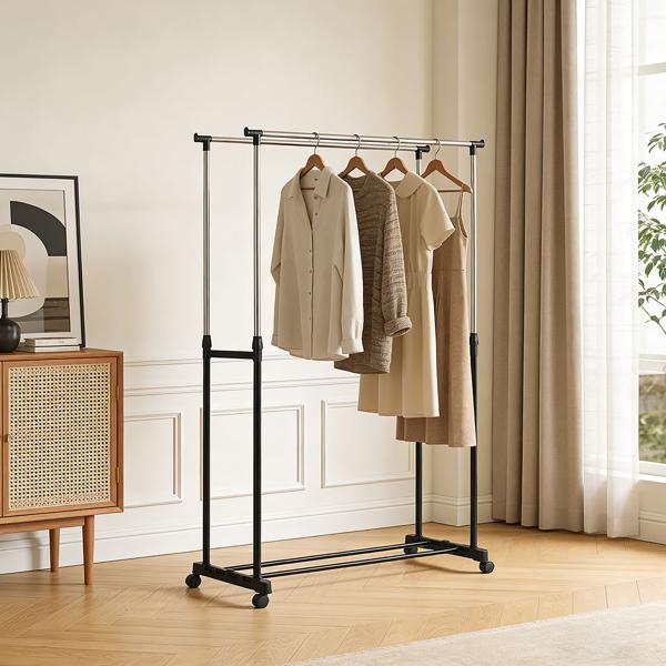 Mobile clothes rack with double clothes rail – 80 cm wide – Height‑adjustable from 90 to 160 cm – Stable wardrobe stand for your clothing