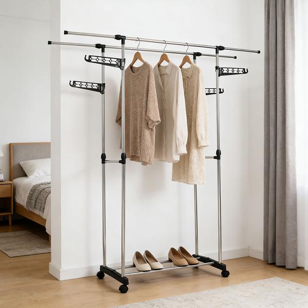 Mobile clothes rack with double clothes rail, extendable & height-adjustable – wardrobe stand with castors, shoe rack and side hanging wings