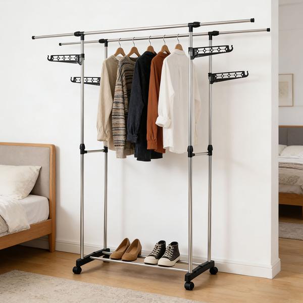 Mobile clothes rack with double clothes rail, extendable & height-adjustable – wardrobe stand with castors, shoe rack and side hanging wings