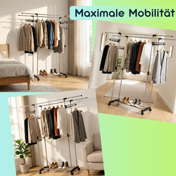 Mobiler Kleiderständer mit Doppel-Kleiderstange, ausziehbar & höhenverstellbar - Garderobenständer mit Rollen, Schuhablage und seitlichen Hängeflügeln