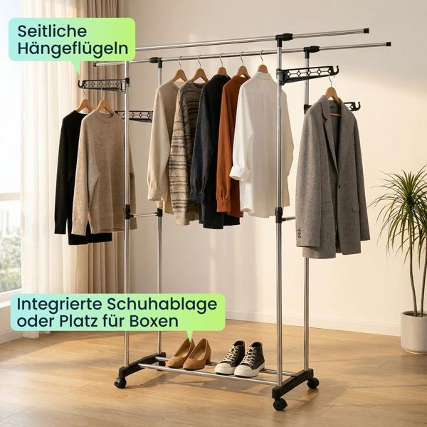 Mobiler Kleiderständer mit Doppel-Kleiderstange, ausziehbar & höhenverstellbar - Garderobenständer mit Rollen, Schuhablage und seitlichen Hängeflügeln