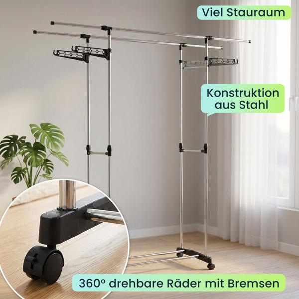 Mobiler Kleiderständer mit Doppel-Kleiderstange, ausziehbar & höhenverstellbar - Garderobenständer mit Rollen, Schuhablage und seitlichen Hängeflügeln