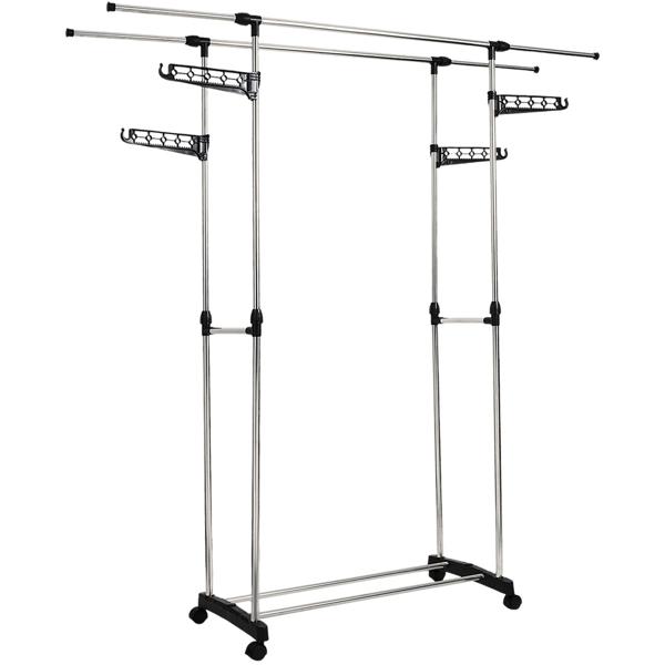 Mobile clothes rack with double clothes rail, extendable & height-adjustable – wardrobe stand with castors, shoe rack and side hanging wings