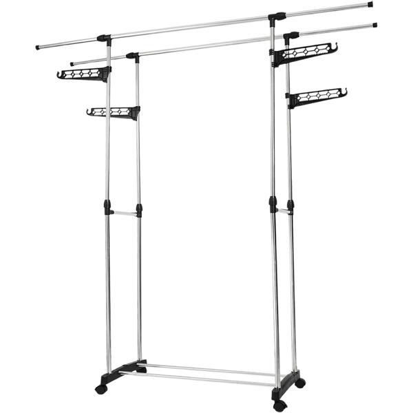 Mobile clothes rack with double clothes rail, extendable & height-adjustable – wardrobe stand with castors, shoe rack and side hanging wings