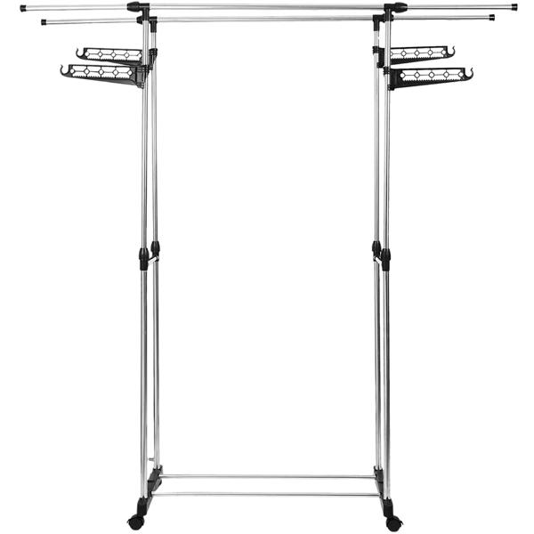 Mobile clothes rack with double clothes rail, extendable & height-adjustable – wardrobe stand with castors, shoe rack and side hanging wings