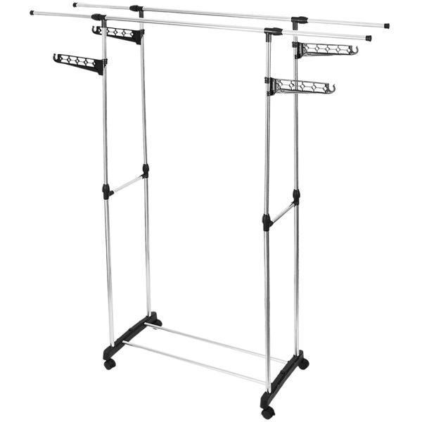 Mobile clothes rack with double clothes rail, extendable & height-adjustable – wardrobe stand with castors, shoe rack and side hanging wings