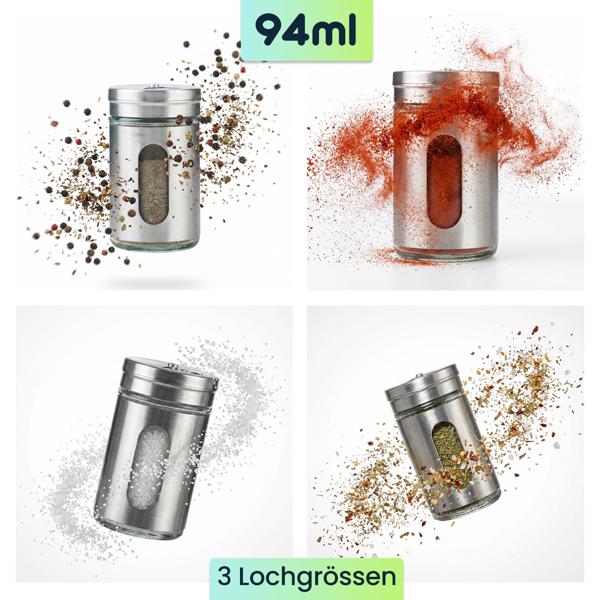 Edler Gewürzstreuer Edelstahl mit Sichtfenster 94ml Vorratsdose für Gewürze Kräuter Salz Pfeffer Streuer mit 3 verstellbaren Lochgrössen
