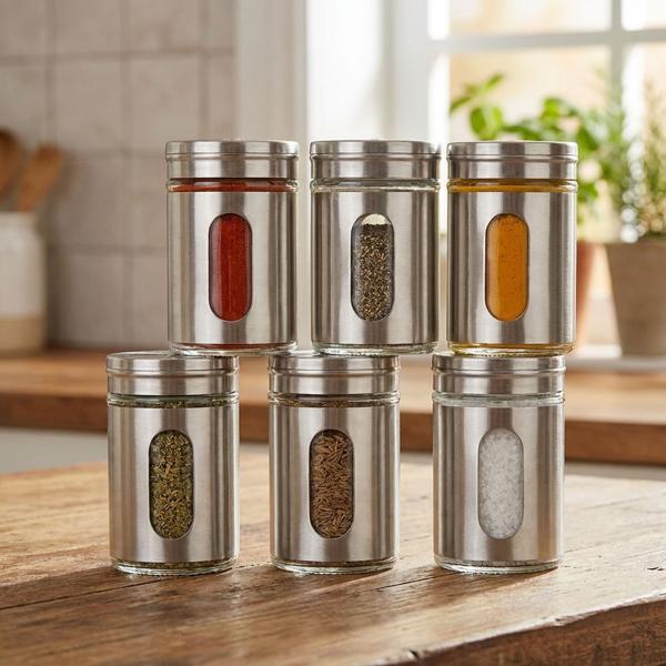 Edler Gewürzstreuer Edelstahl mit Sichtfenster im 6er-Set, 94ml Vorratsdose für Gewürze Kräuter Salz Pfeffer Streuer mit 3 verstellbaren Lochgrössen