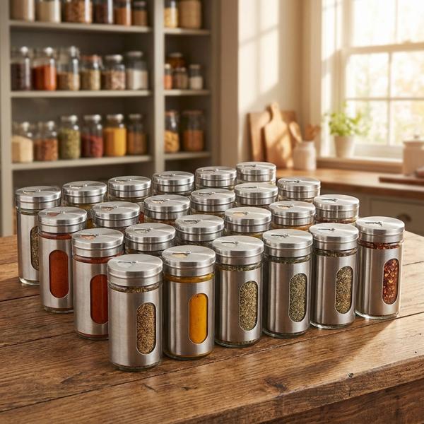 Edler Gewürzstreuer Edelstahl mit Sichtfenster im 24er-Set, 94ml Vorratsdose für Gewürze Kräuter Salz Pfeffer Streuer mit 3 verstellbaren Lochgrössen