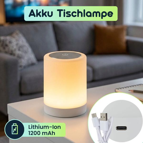 2er-Set Akku Tischlampe mit Touch-Steuerung, 6 bunten Lichtfarben und Warmweiss, Bequemes Laden per USB-C, Praktischer integrierter Bügel zum Aufhängen
