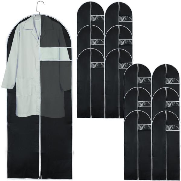 12er-Set Kleiderschutzhüllen Schwarz mit Reissverschluss und Sichtfenster Kleidersack für Anzüge Kostüme Kleider Schutzhülle mit Kleiderbügelöffnung