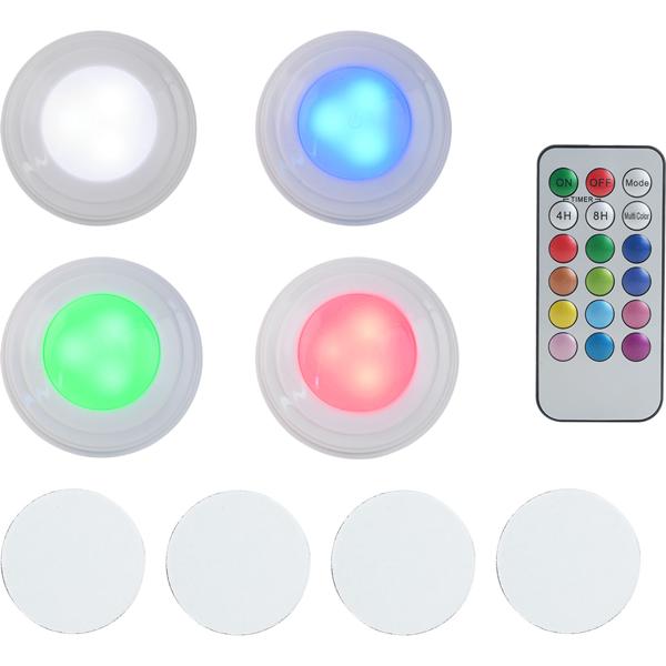 4er-Set LED Push-Lichter mit Fernbedienung: 12 Farben, Farbewechsel - Klebe-Leuchten für Schrank, Regale, Vitrine - Nachtlicht dimmbar mit Timer