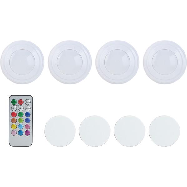 4er-Set LED Push-Lichter mit Fernbedienung: 12 Farben, Farbewechsel - Klebe-Leuchten für Schrank, Regale, Vitrine - Nachtlicht dimmbar mit Timer