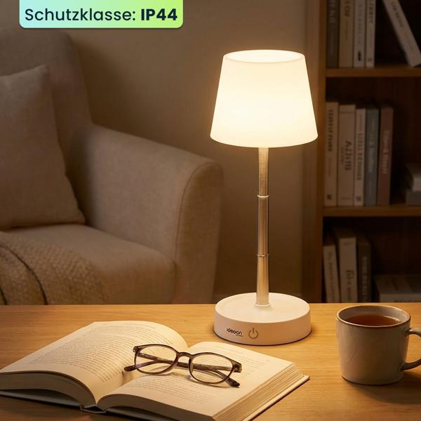 Edle LED Tischleuchte dimmbar & aufladbar: Akku Nachttischlampe modern, Höhe verstellbar, warmweiss - kabellose Leselampe in Edelstahl-Design