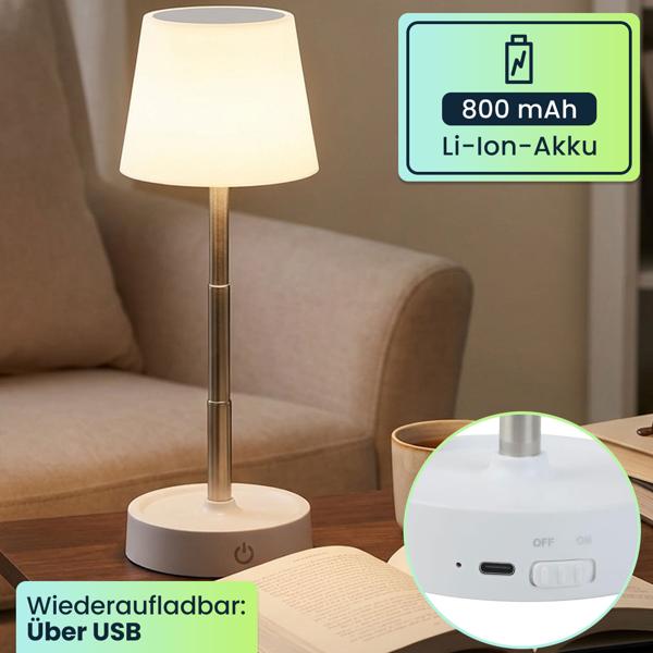 Edle LED Tischleuchte dimmbar & aufladbar: Akku Nachttischlampe modern, Höhe verstellbar, warmweiss - kabellose Leselampe in Edelstahl-Design