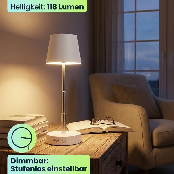 2er-Set Edle LED Tischleuchte dimmbar & aufladbar: Akku Nachttischlampe modern, Höhe verstellbar, warmweiss - kabellose Leselampe in Edelstahl-Design