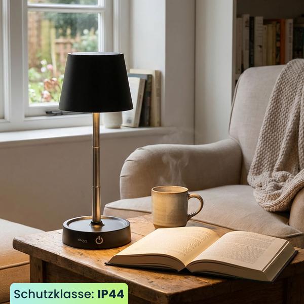 Edle LED Tischleuchte dimmbar & aufladbar: Akku Nachttischlampe modern, Höhe verstellbar, warmweiss - kabellose Leselampe in Edelstahl-Design